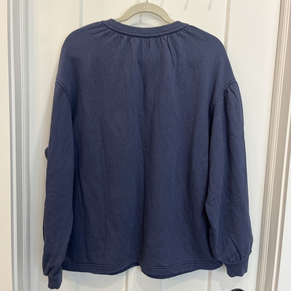 Aerie Textured Pullover Sweatshirt Women's Blue V-Neck Pom Pom Tassel‎ Sz Small - Picture 8 of 11